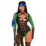 Close front view of green turtle ninja hero costume with shell backpack and bands - Golddiggers Boutique