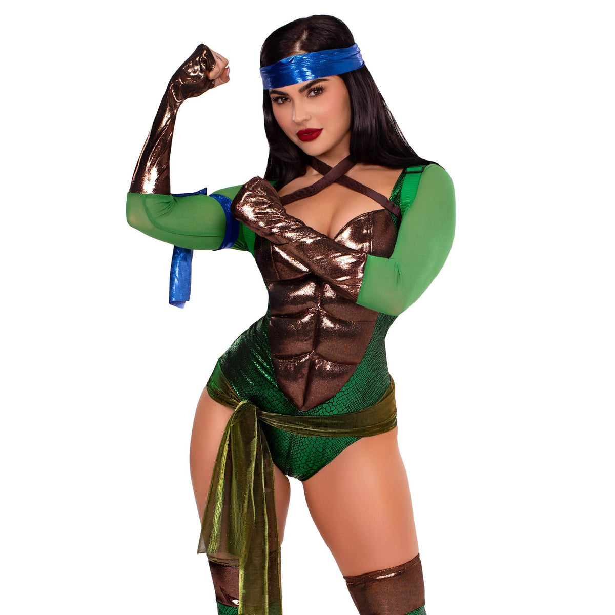 Close front pose of green turtle ninja hero costume with shell backpack and bands - Golddiggers Boutique
