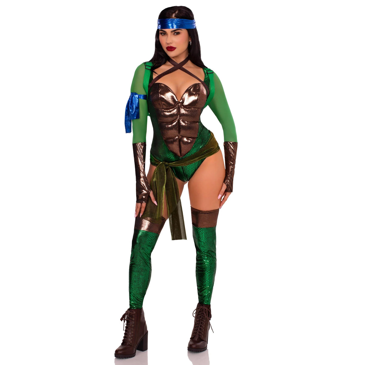 Front view of green turtle ninja hero costume with shell backpack and bands - Golddiggers Boutique