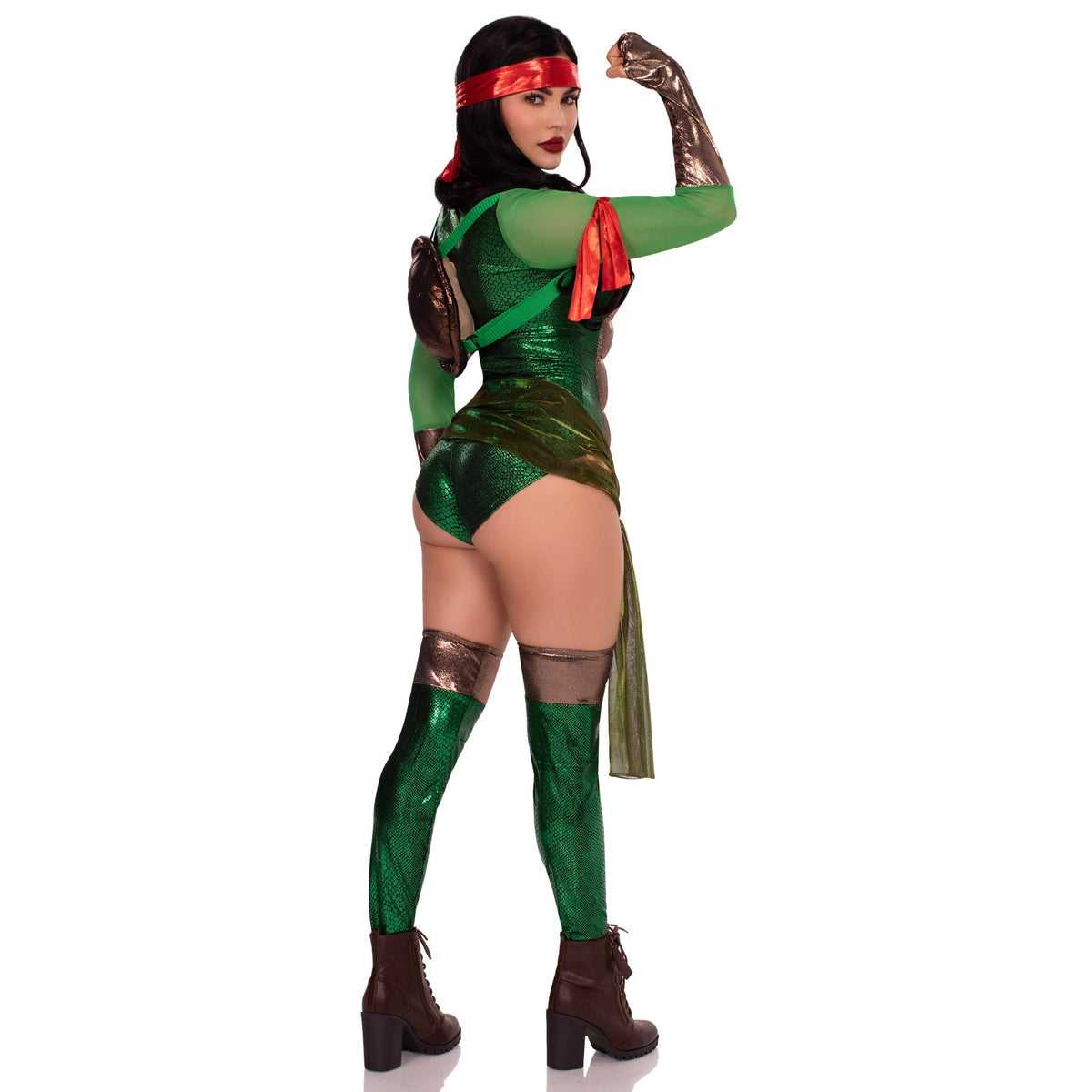 Side view of green turtle ninja hero costume with shell backpack and bands - Golddiggers Boutique