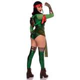 Side view of green turtle ninja hero costume with shell backpack and bands - Golddiggers Boutique