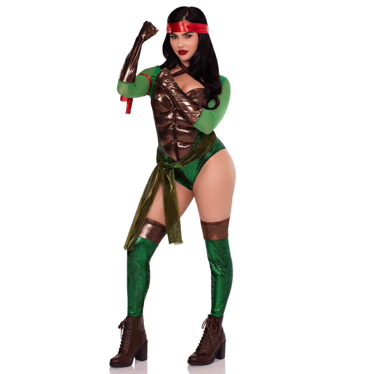 Side view of green turtle ninja hero costume with shell backpack and bands - Golddiggers Boutique