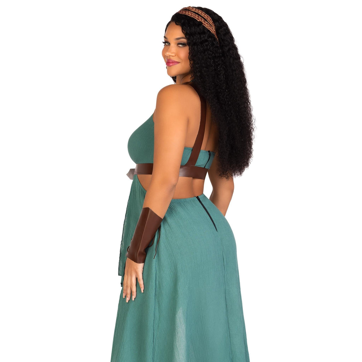 Close back view of green warrior goddess costume with O-ring cut-out dress - Golddiggers Boutique