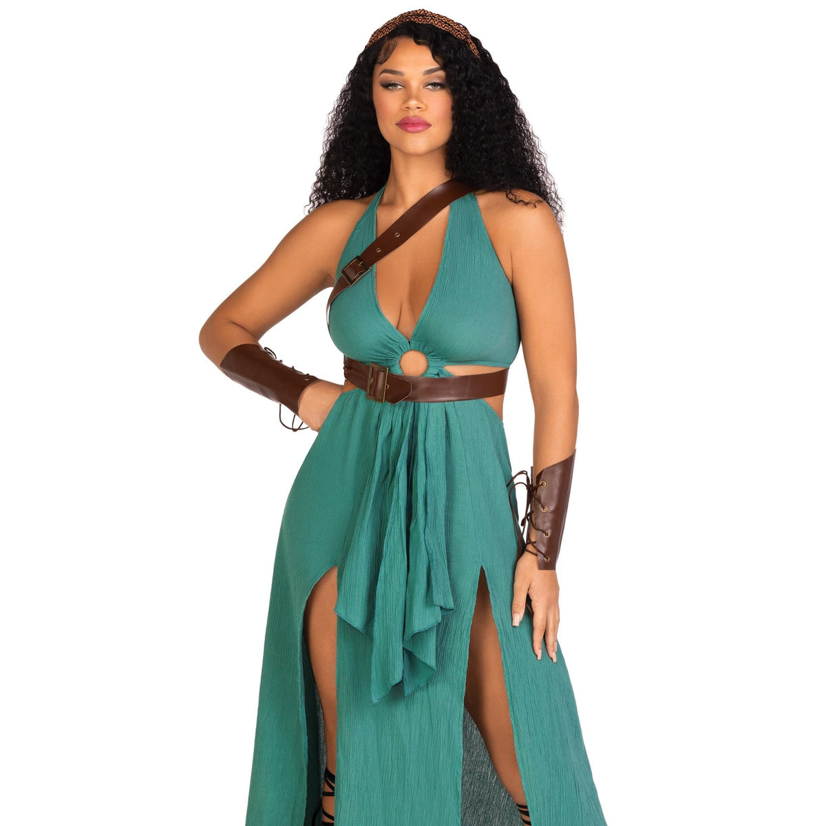 Close front view of green warrior goddess costume with O-ring cut-out dress - Golddiggers Boutique