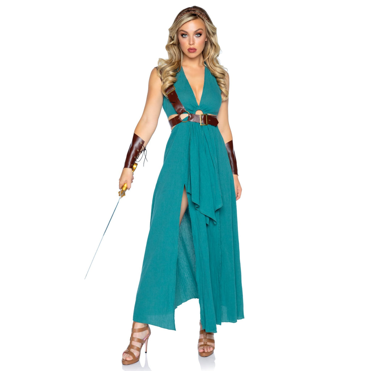 Front pose of green warrior goddess costume with O-ring cut-out dress - Golddiggers Boutique