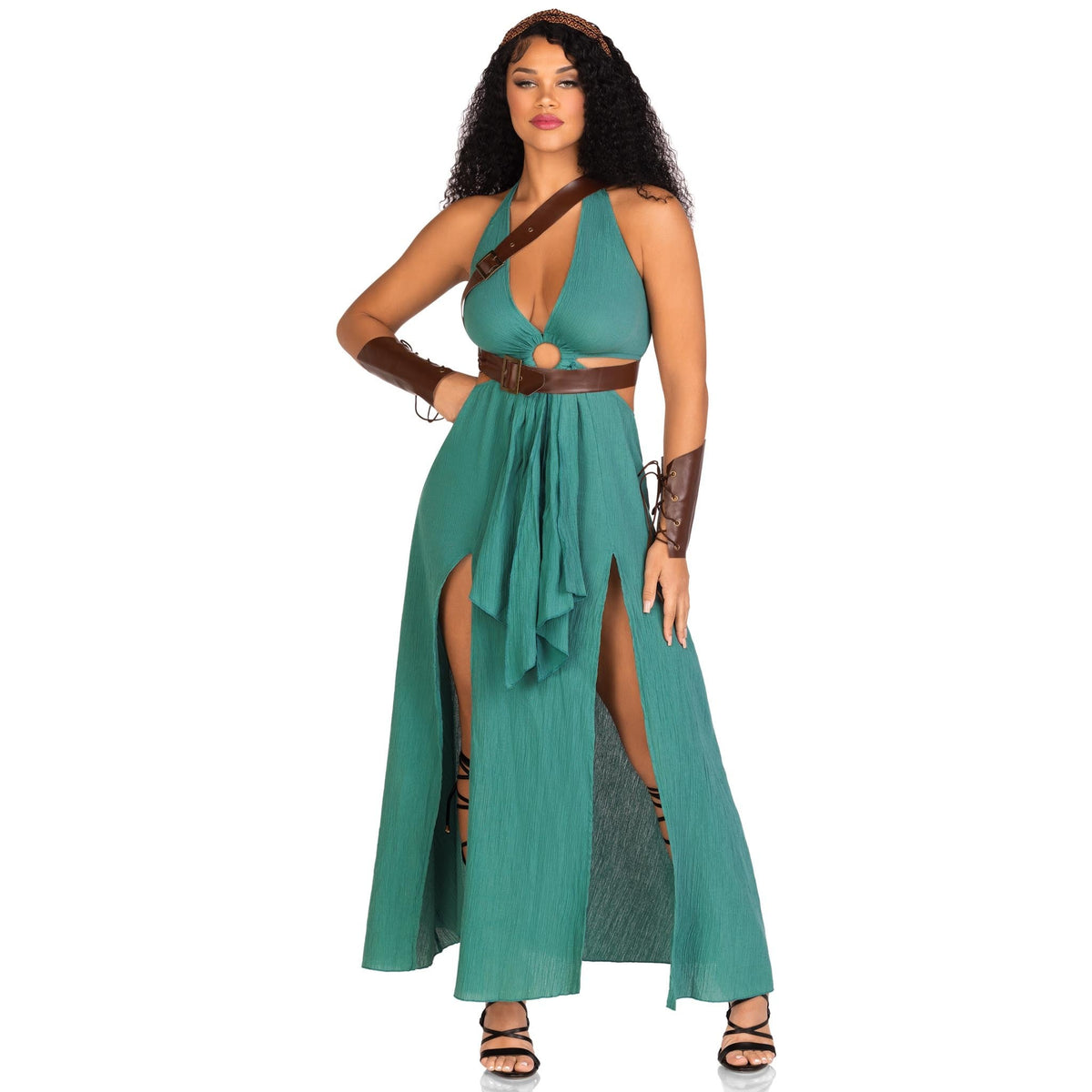 Front view of green warrior goddess costume with O-ring cut-out dress - Golddiggers Boutique