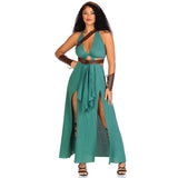 Front view of green warrior goddess costume with O-ring cut-out dress - Golddiggers Boutique