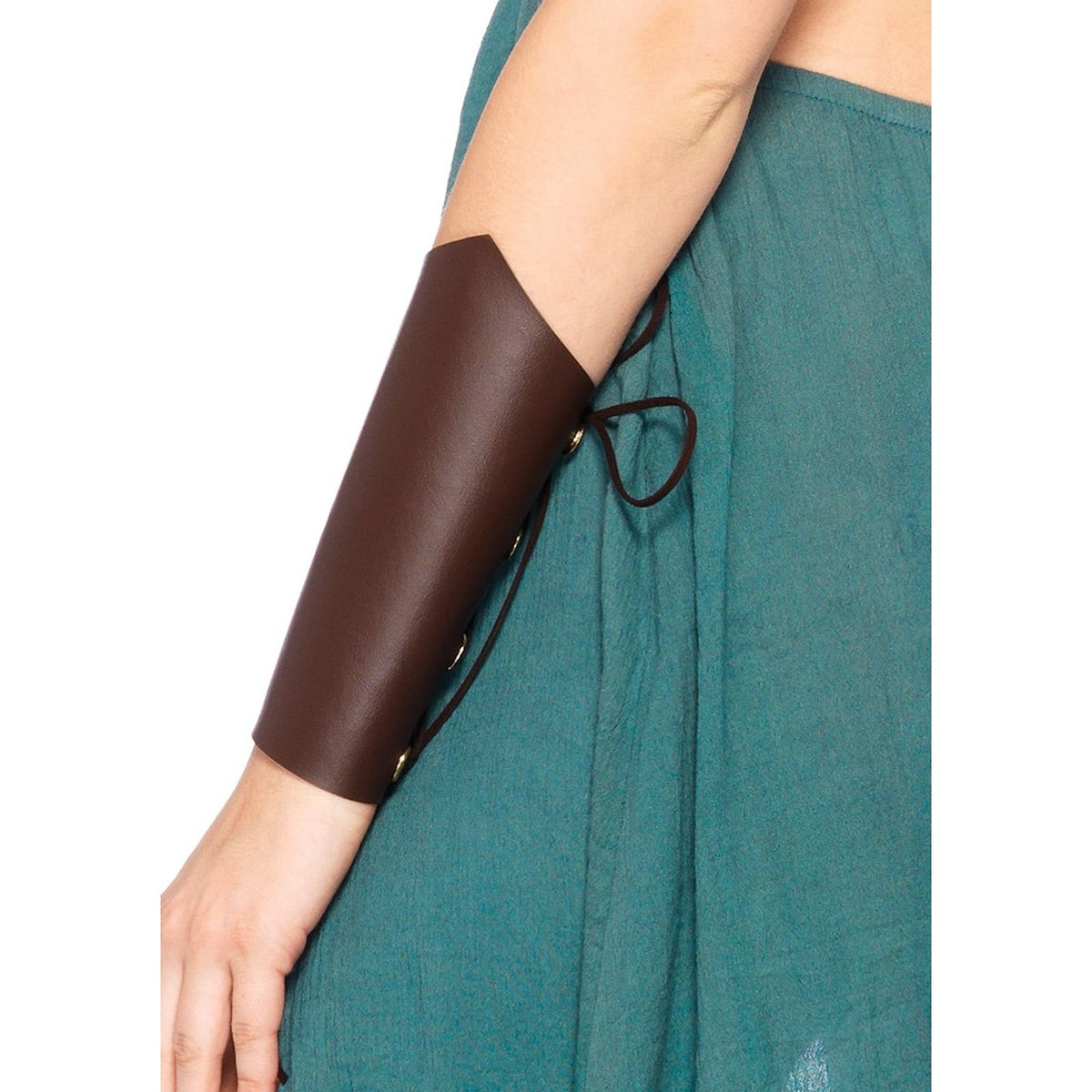 Side view of green warrior goddess costume with O-ring cut-out dress - Golddiggers Boutique