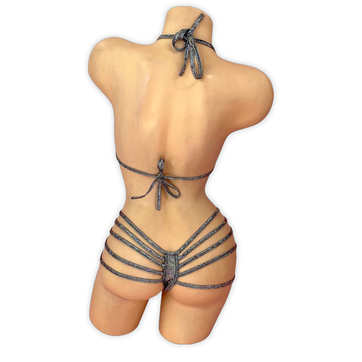 Gunmetal Elara holo plunge strappy bodysuit, back view with thong back and strappy hips