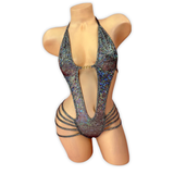 Gunmetal Elara holo plunge strappy bodysuit, front angle view