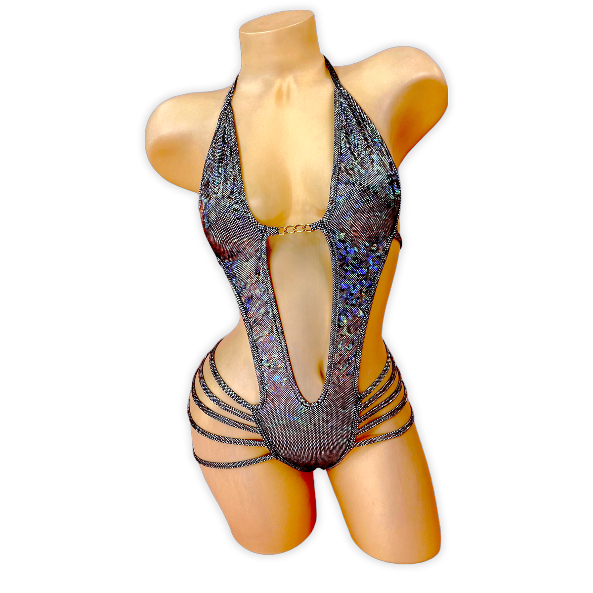 Gunmetal Elara holo plunge strappy bodysuit, front view on mannequin