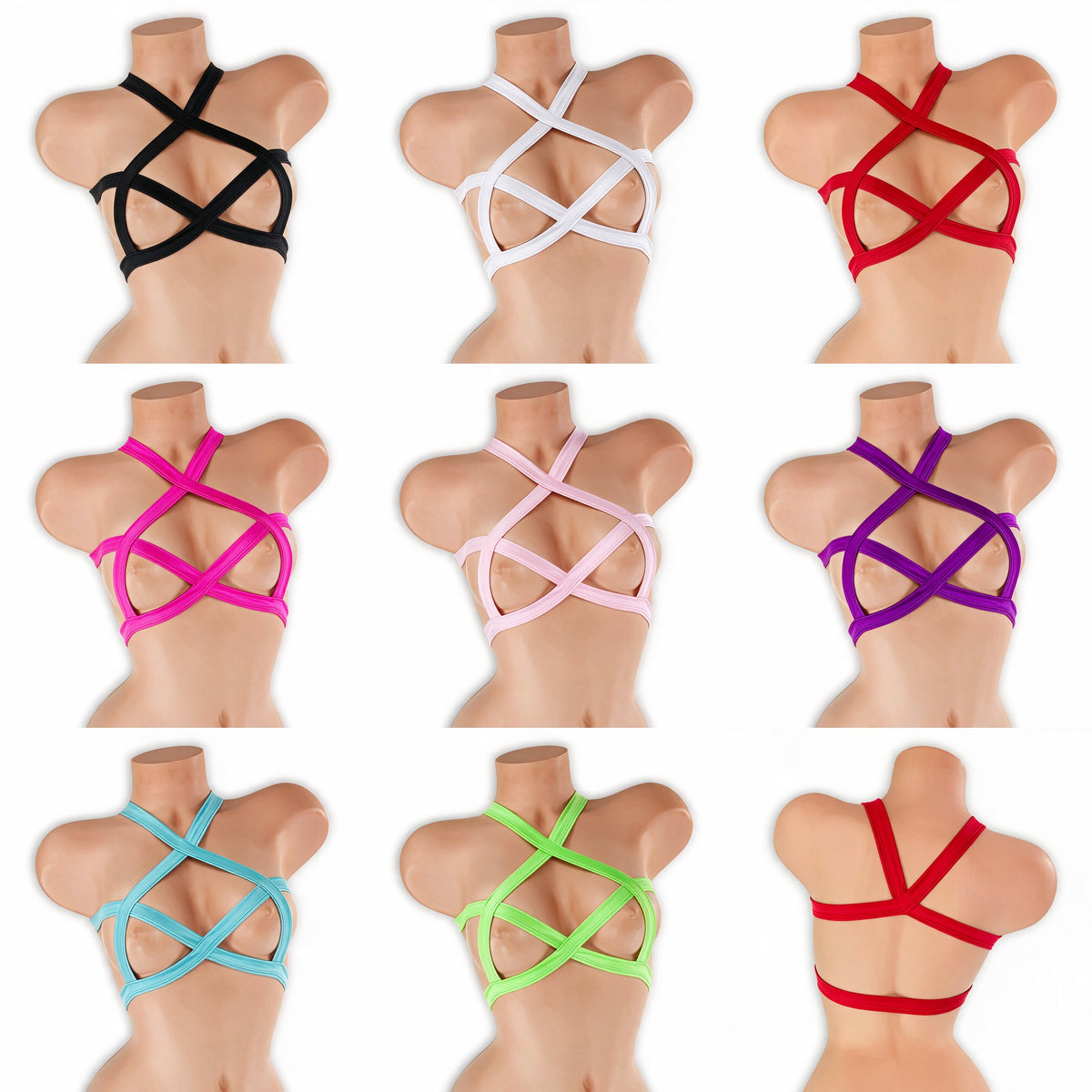 Harness cage top on mannequin in all 8 colors, Golddiggers Boutique