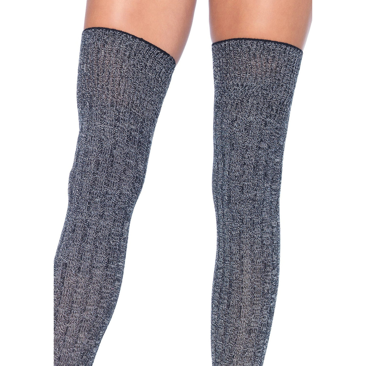 Close-up front view of heather gray rib knit thigh high socks - Golddiggers Boutique