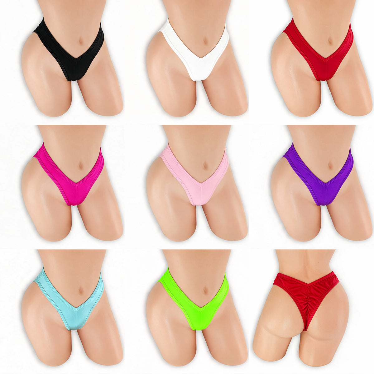 High Waisted Scrunch V-Back Thong on mannequin in all 8 colors, Golddiggers Boutique