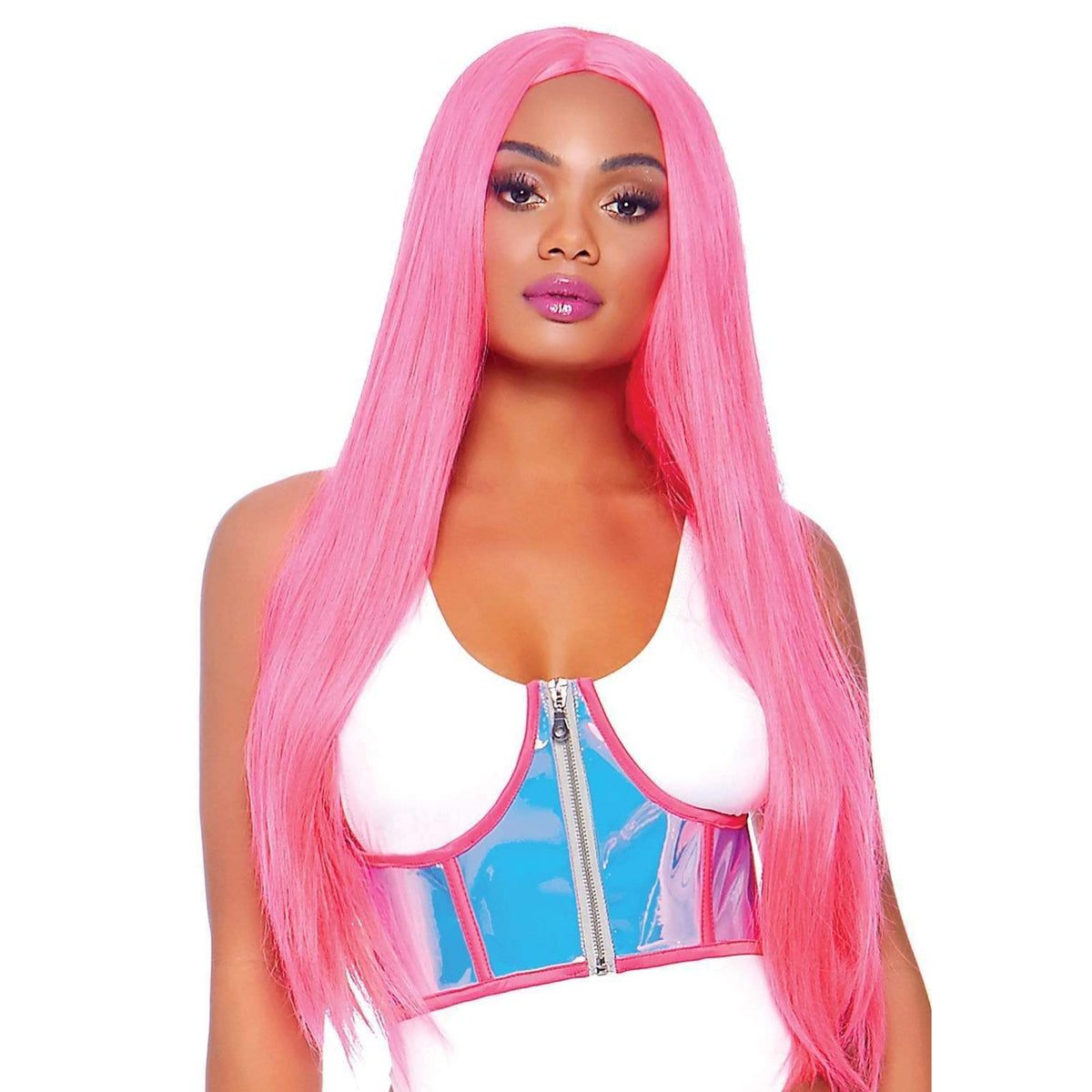 Close-up front view of holographic vinyl zipper-front underbust cincher - Golddiggers Boutique
