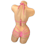 Hot coral pink Elara holo plunge strappy bodysuit, back view with thong back and strappy hips