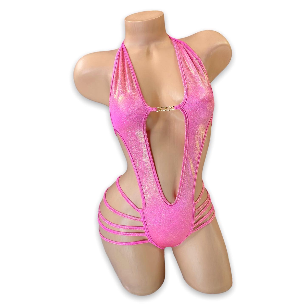 Hot coral pink Elara holo plunge strappy bodysuit, front angle view