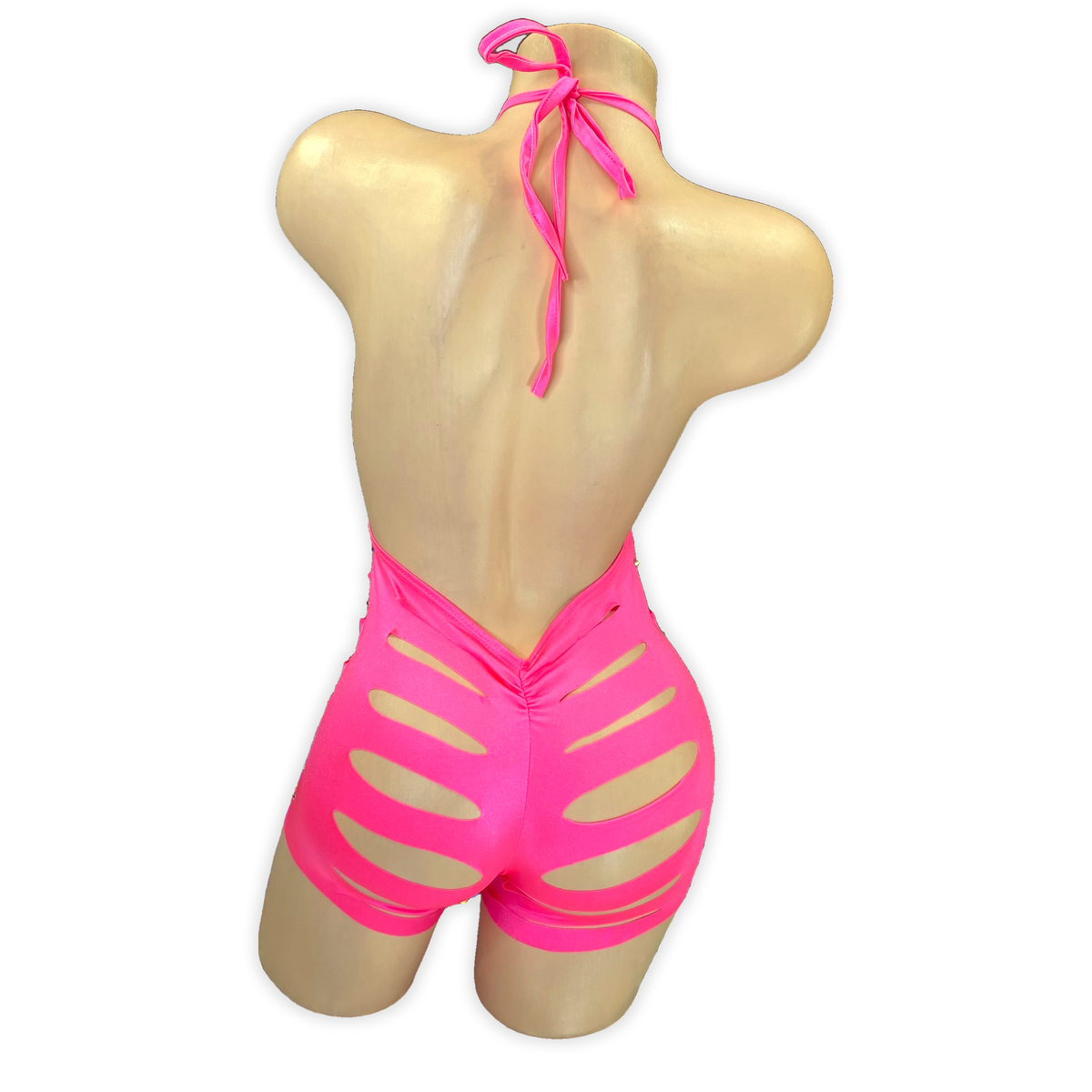 Dark Coral Ava rhinestone ladder cutout romper, back view with scrunch seat and slashed shorts