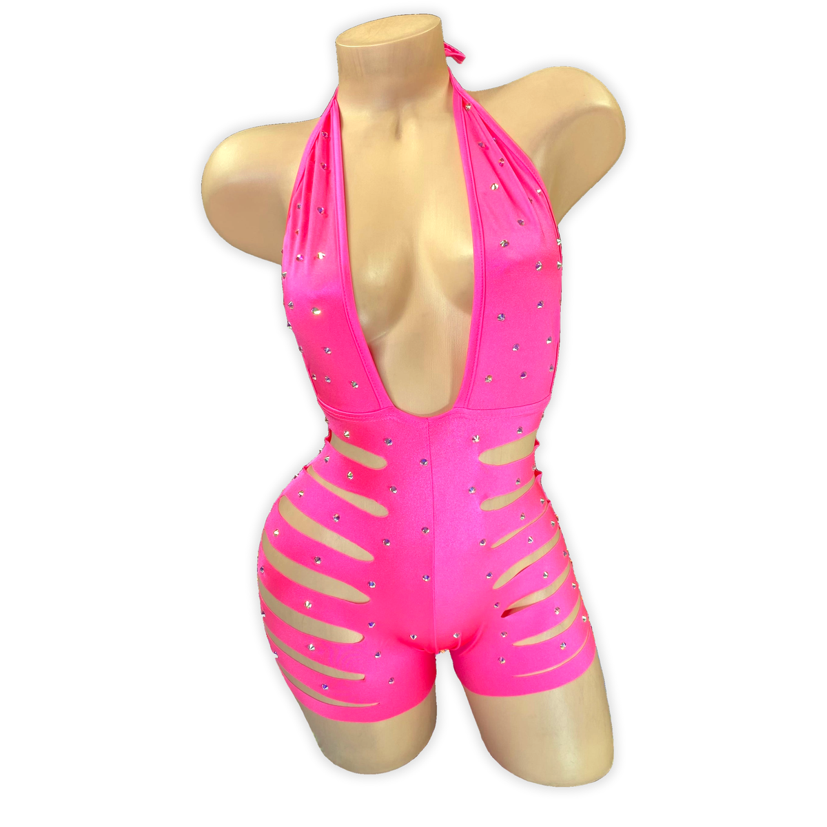 Dark Coral Ava rhinestone ladder cutout romper, front view on mannequin