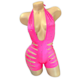Dark Coral Ava rhinestone ladder cutout romper, front view on mannequin