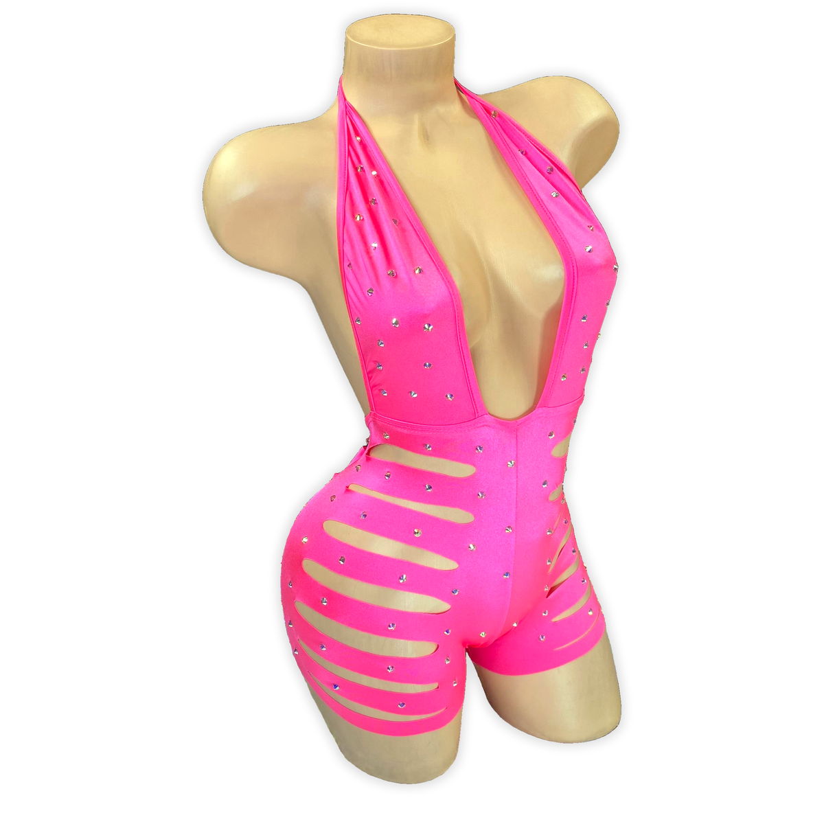 Dark Coral Ava rhinestone ladder cutout romper, side view showing the ladder cutouts