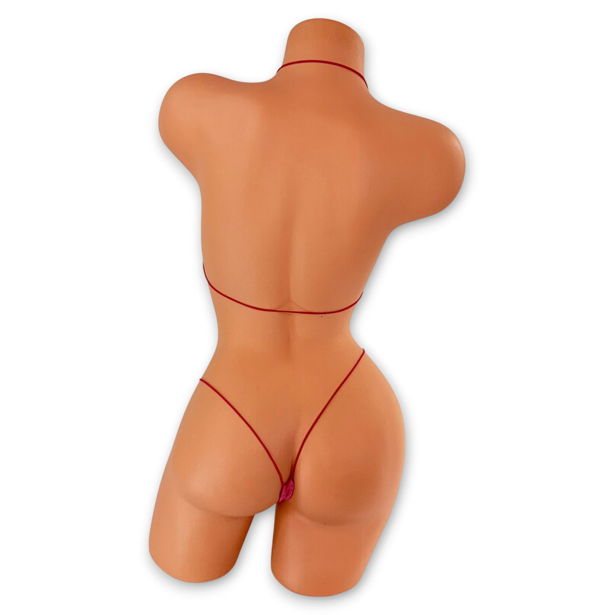 Back view of Hot Pink Satin micro 'kini on mannequin showing hot pink elastic string ties and g-string back