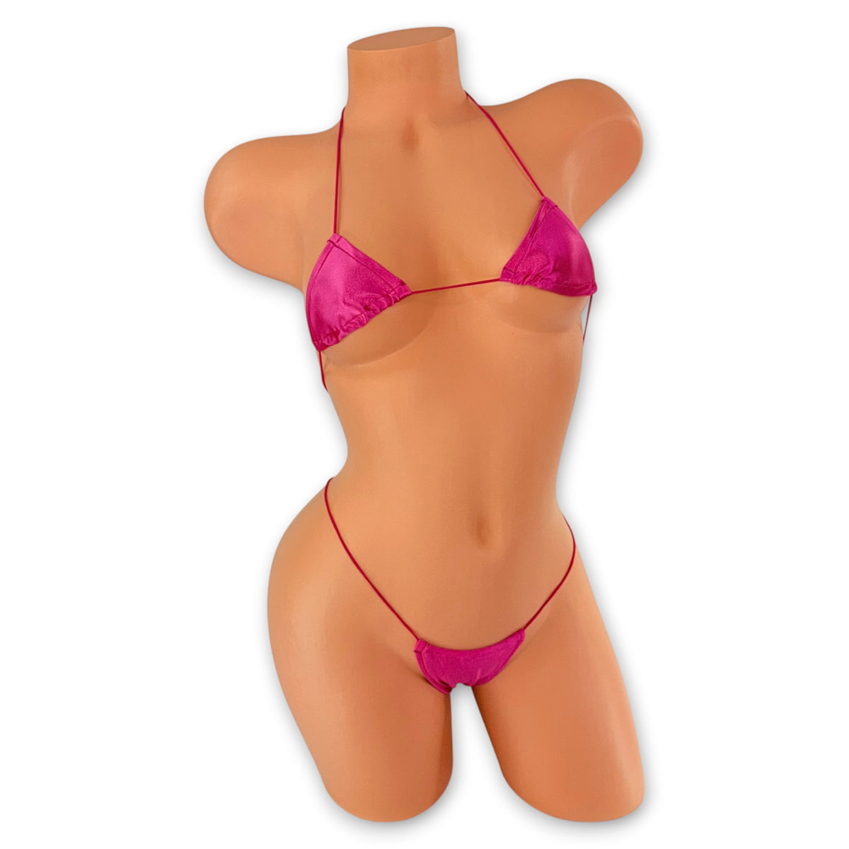 Front view of Hot Pink Satin micro 'kini on mannequin, shiny hot pink triangle top and tiny g-string thong