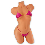 Front view of Hot Pink Satin micro 'kini on mannequin, shiny hot pink triangle top and tiny g-string thong