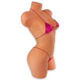 Side view of Hot Pink Satin micro 'kini on mannequin, glossy hot pink stretch satin exotic dancewear