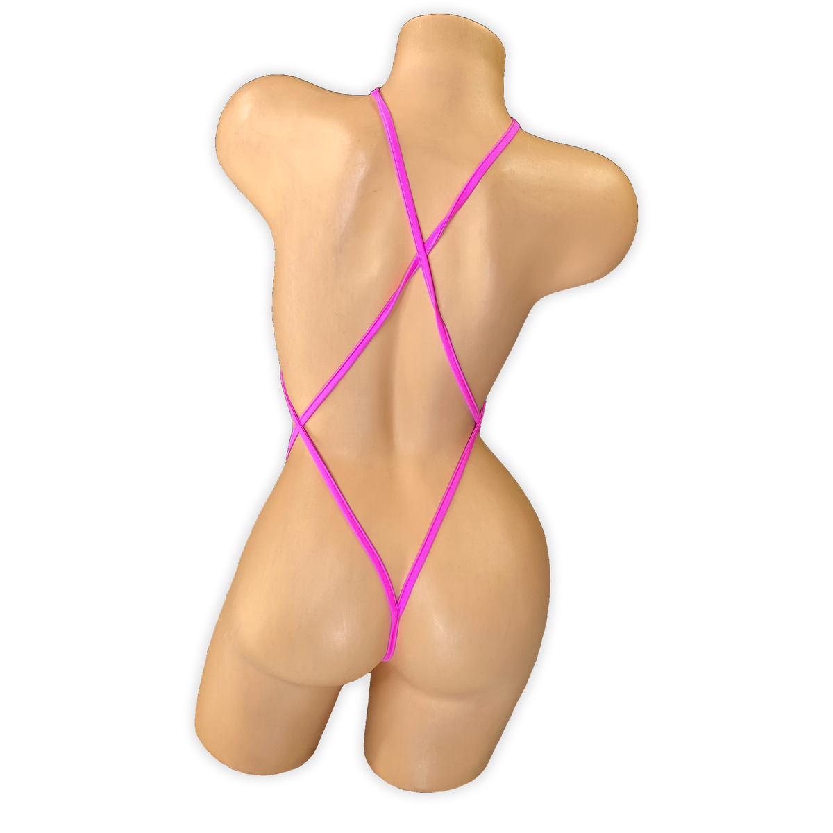 Back of the Hot Pink Zoe vinyl slingshot bodysuit showing the X criss-cross straps and thong back