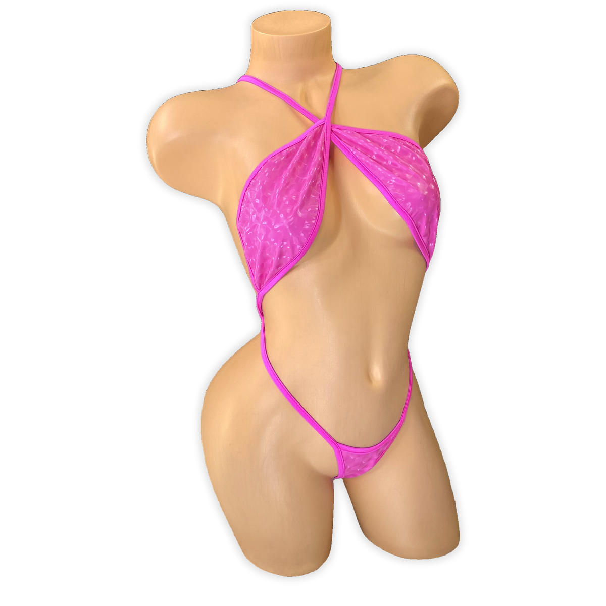 Front of the Hot Pink Zoe vinyl slingshot bodysuit with criss-cross halter straps