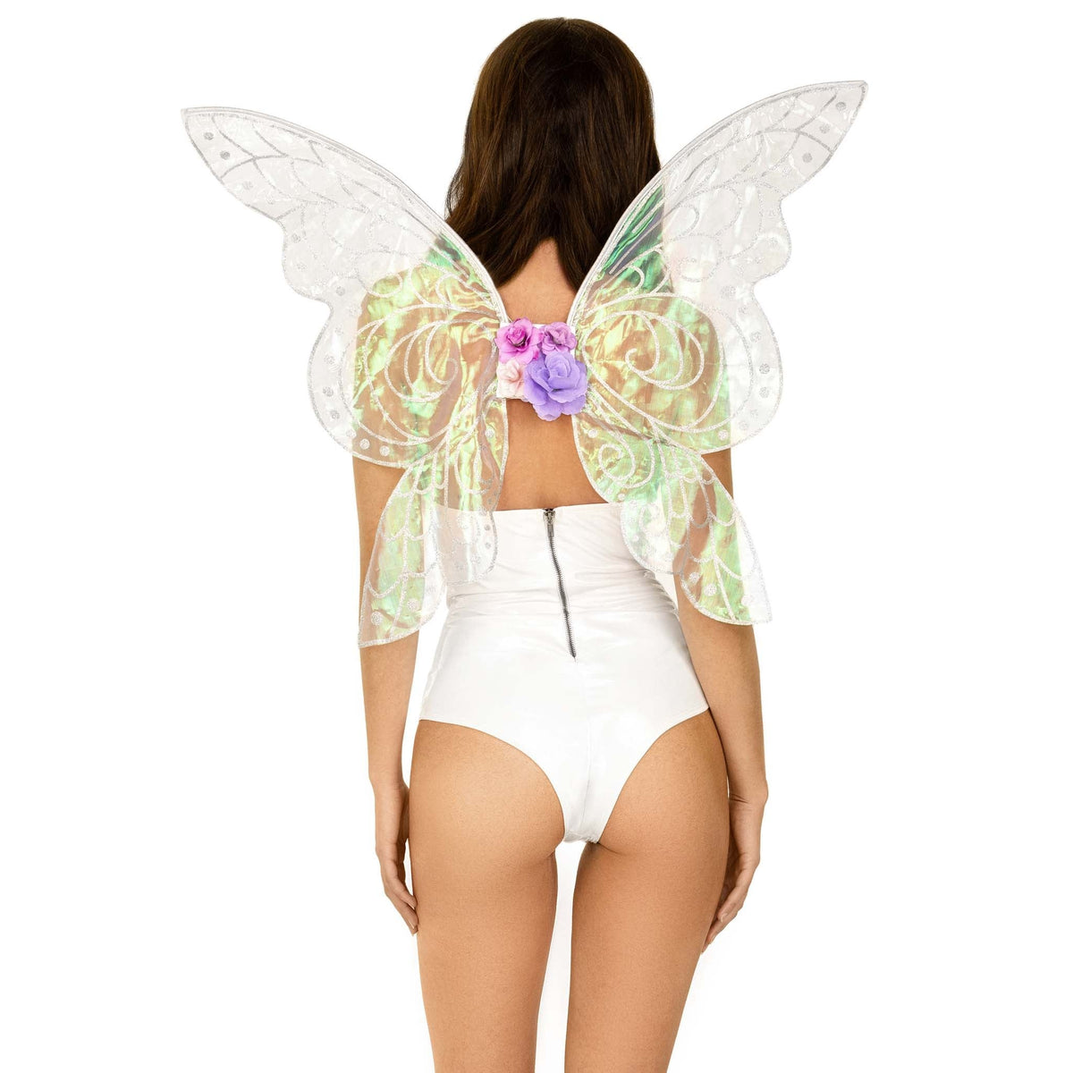Close front view of iridescent glitter fairy wings with flower accents - Golddiggers Boutique