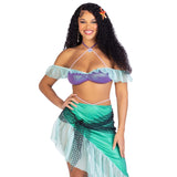 Close front view of iridescent mermaid costume with pearl bra top and wrap skirt - Golddiggers Boutique