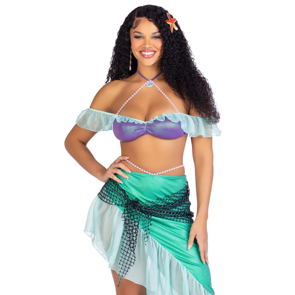 Close front view of iridescent mermaid costume with pearl bra top and wrap skirt - Golddiggers Boutique