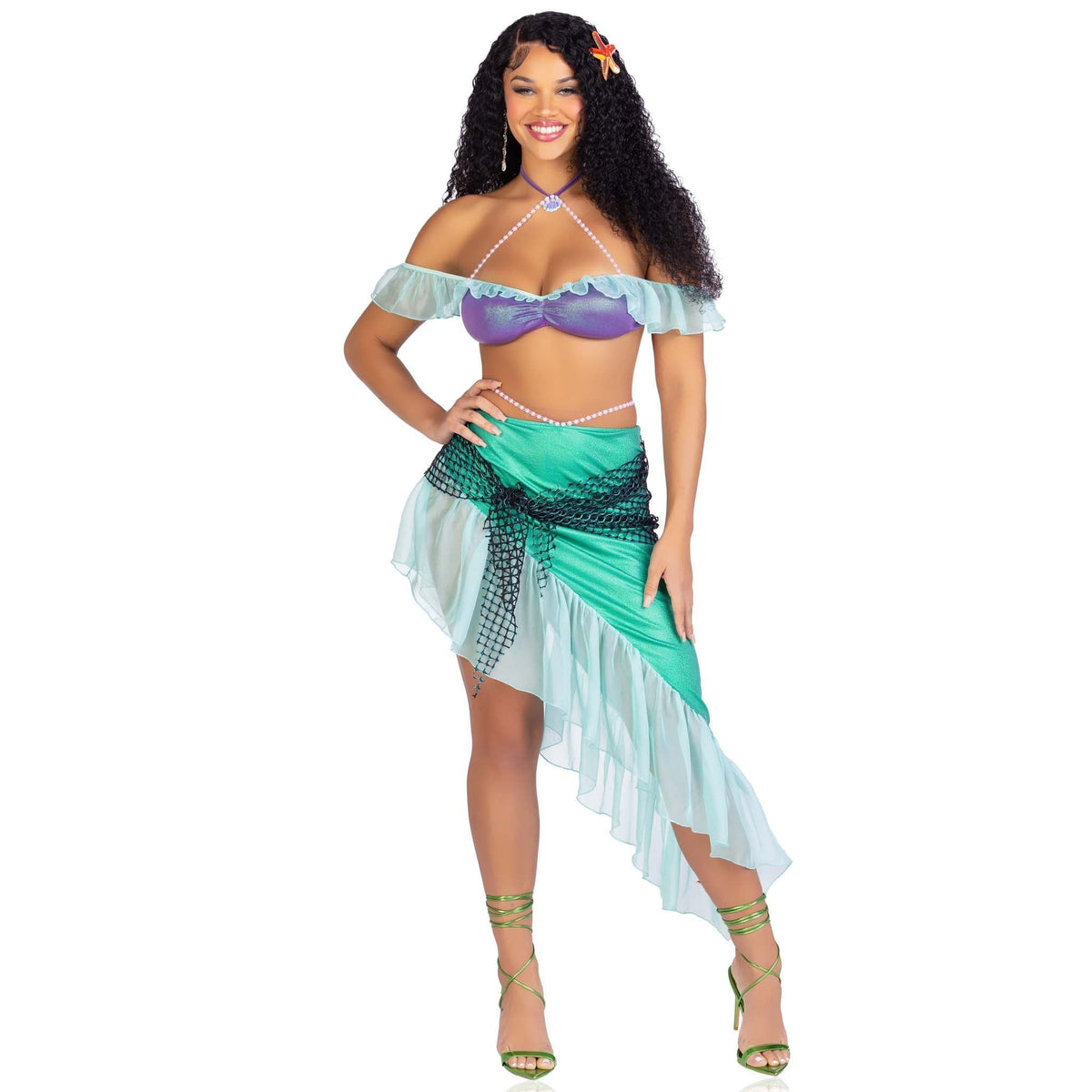 Front view of iridescent mermaid costume with pearl bra top and wrap skirt - Golddiggers Boutique