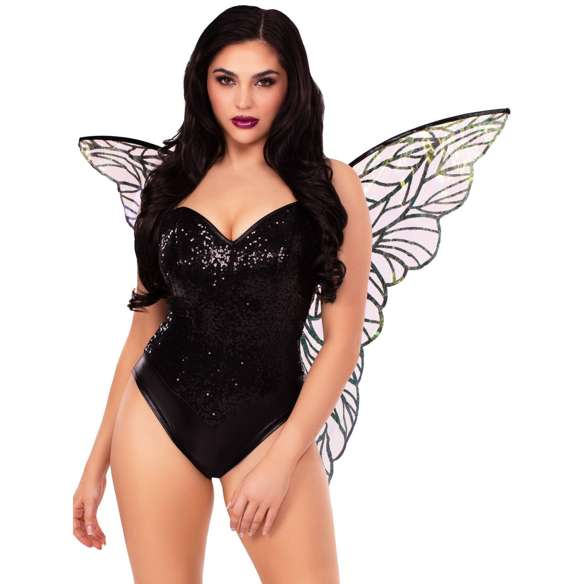 Close back view of black iridescent strapless fairy wings - Golddiggers Boutique