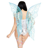 Close front view of blue iridescent strapless fairy wings - Golddiggers Boutique