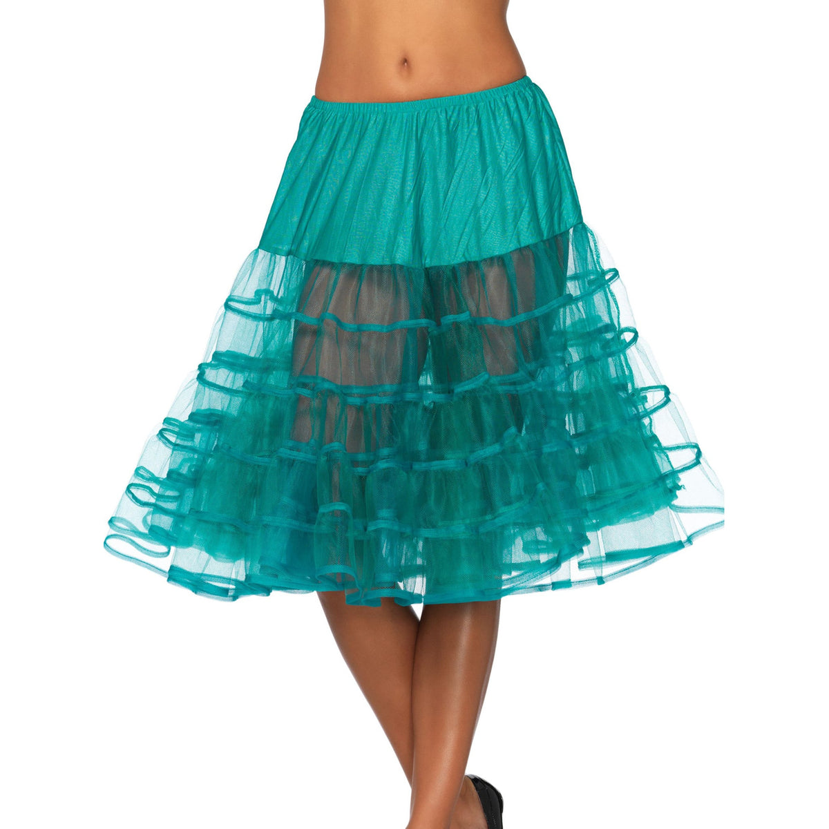 Close-up front view of jade knee length ruffle petticoat - Golddiggers Boutique
