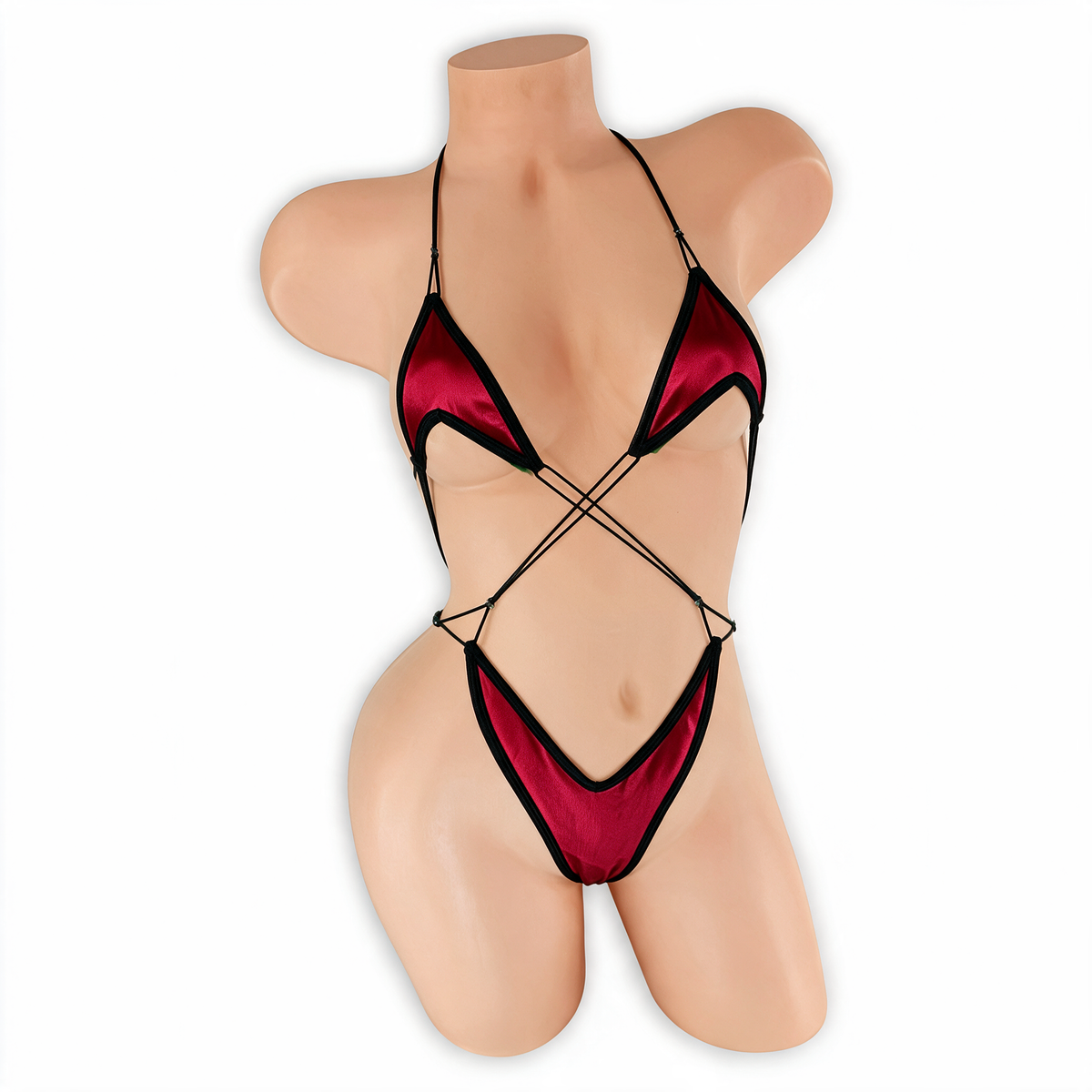 Kapow Red Dakota Criss Cross Slingshot Bodysuit front view on mannequin, black trim and criss cross strings