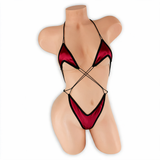 Kapow Red Dakota Criss Cross Slingshot Bodysuit front view on mannequin, black trim and criss cross strings