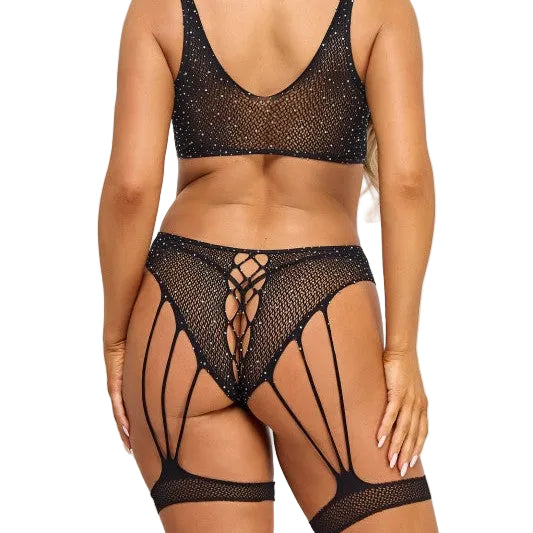 Kim bodysuit back view showing open back design and attached fishnet garter thigh bands — Golddiggers Boutique exotic dancewear