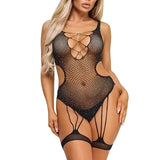 Kim black rhinestone fishnet bodysuit with crisscross neckline and attached garters, front view on model — Golddiggers Boutique exotic dancewear