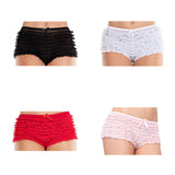Lace ruffle tanga shorts in black, white, red and pink, front view
