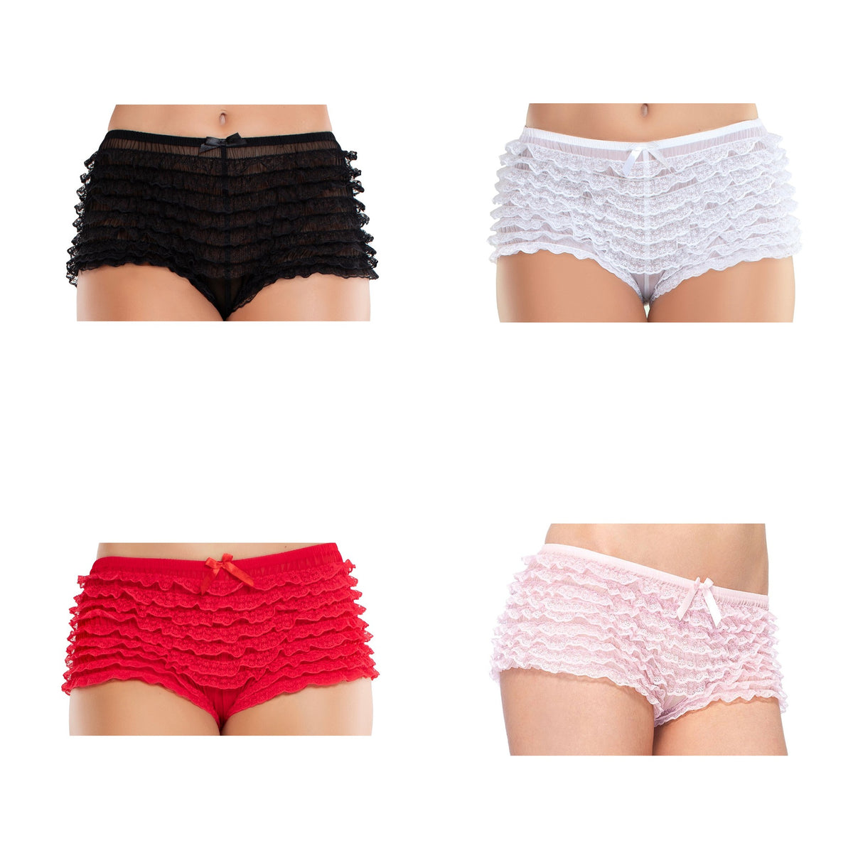 Lace ruffle tanga shorts in black, white, red and pink, front view