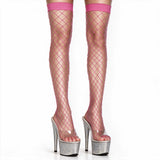 Front view of pink large diamond net spandex thigh highs - Golddiggers Boutique