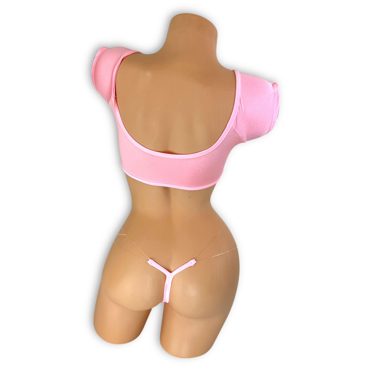 Laurel baby pink rhinestone set, back view with scoop back and Y-back g-string