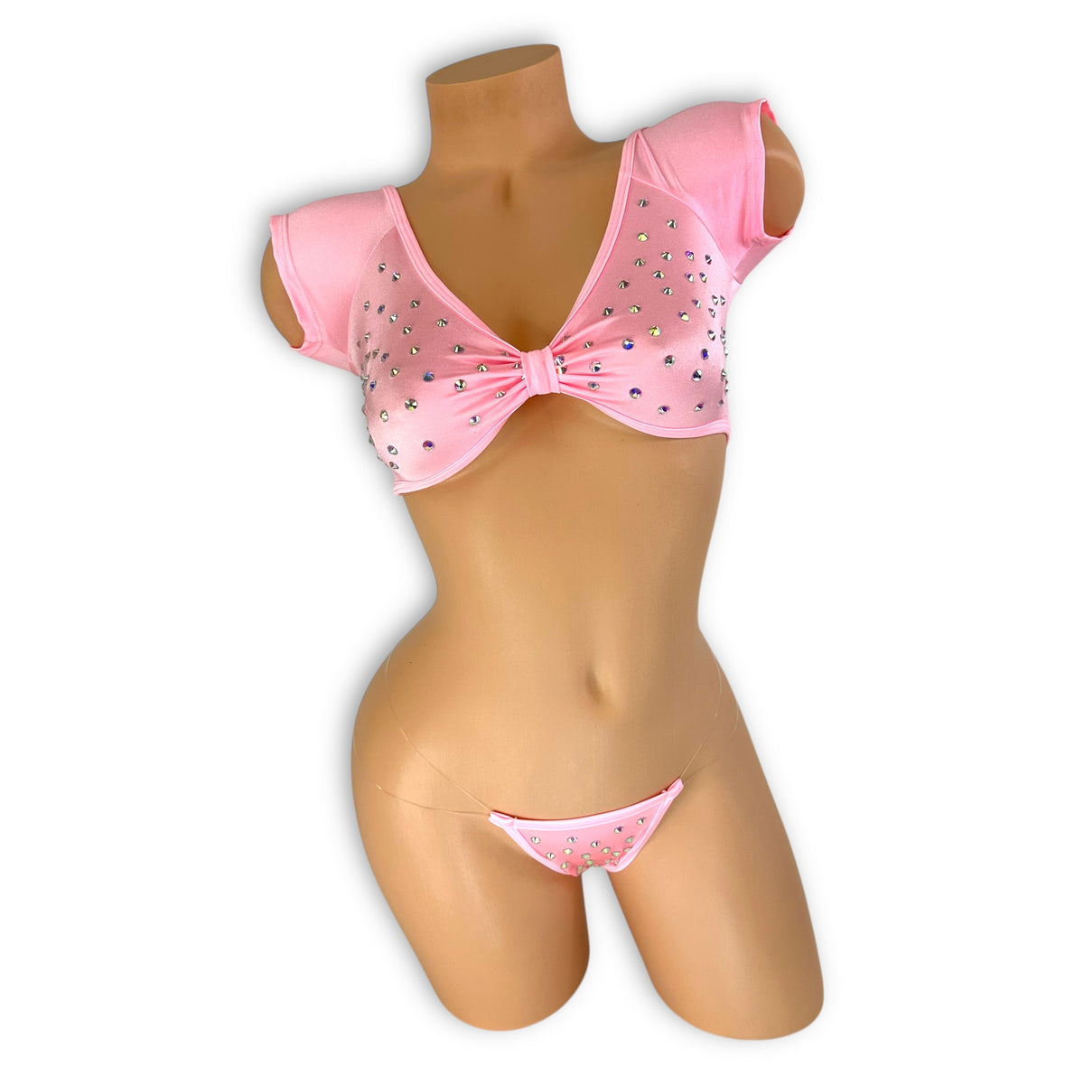 Laurel baby pink rhinestone set, front view with cap-sleeve knot-front crop top and clear elastic g-string