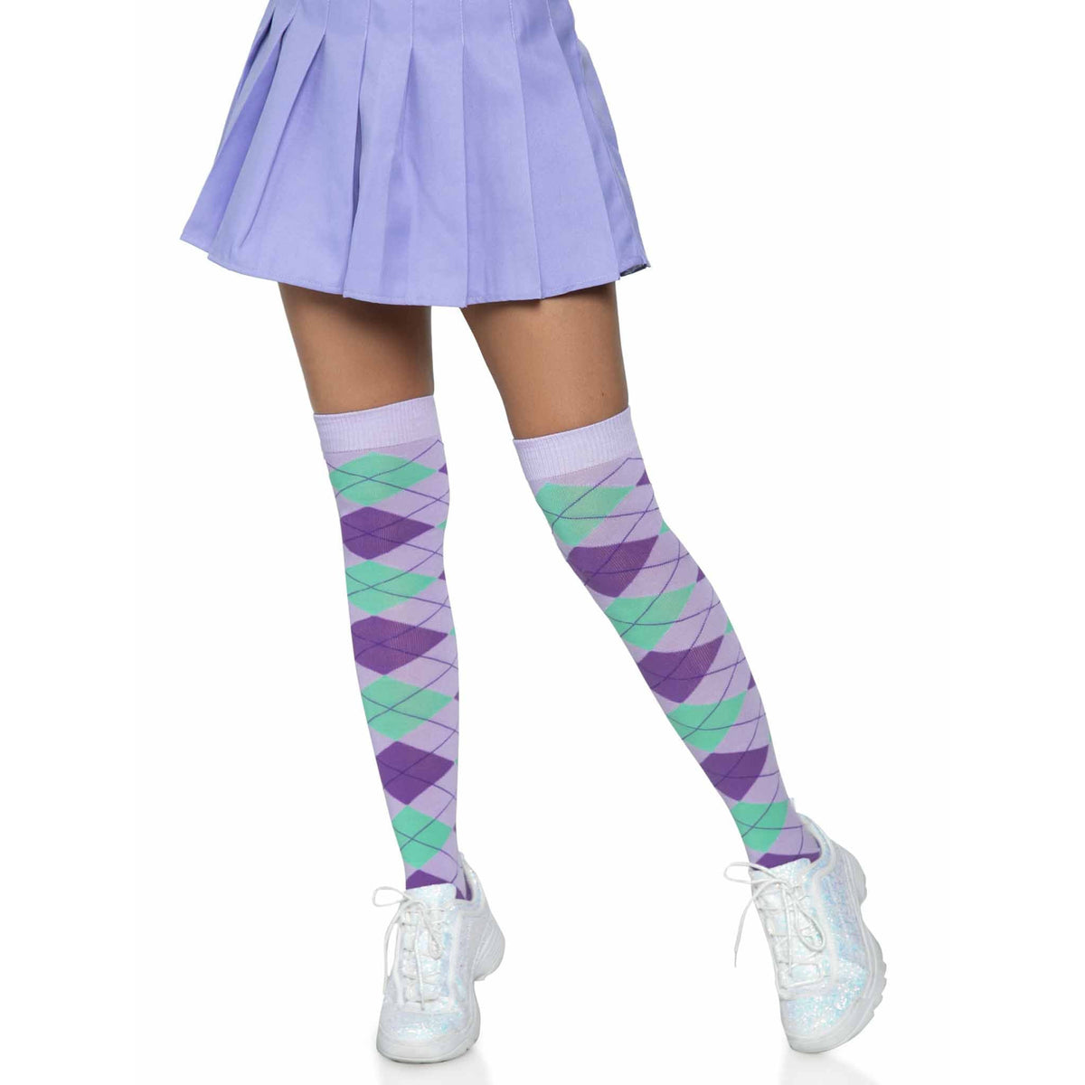 Front view of lavender argyle knit over the knee socks - Golddiggers Boutique