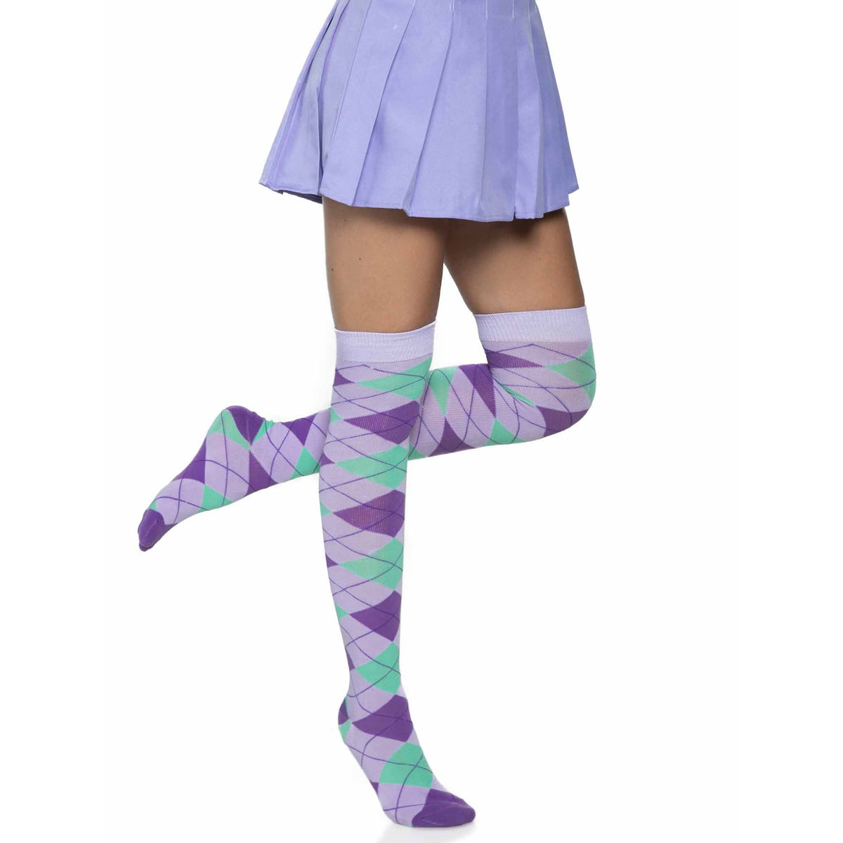 Side view of lavender argyle knit over the knee socks - Golddiggers Boutique