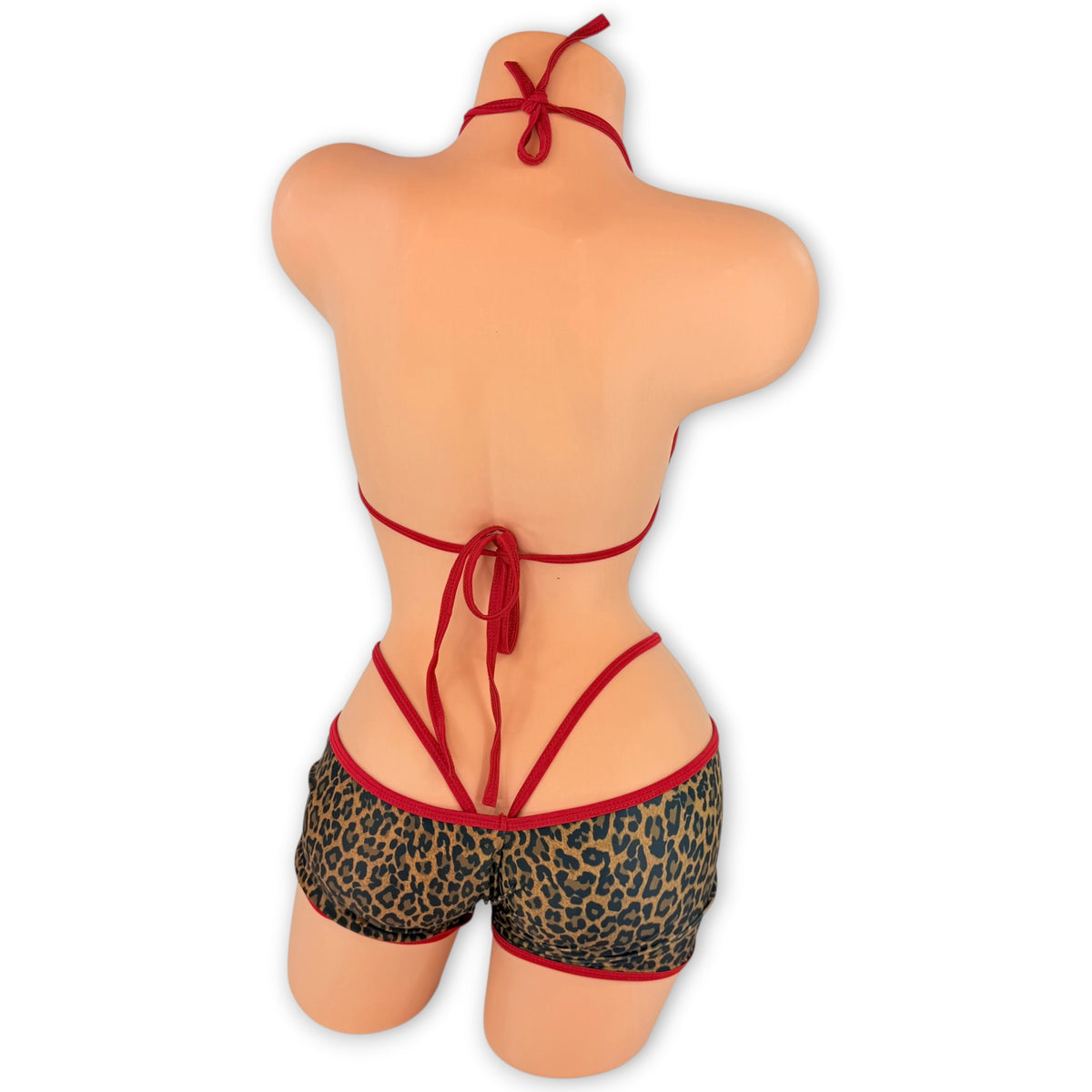 Leopard Imani set back view showing neck and back ties and the low rise shorts with hip straps